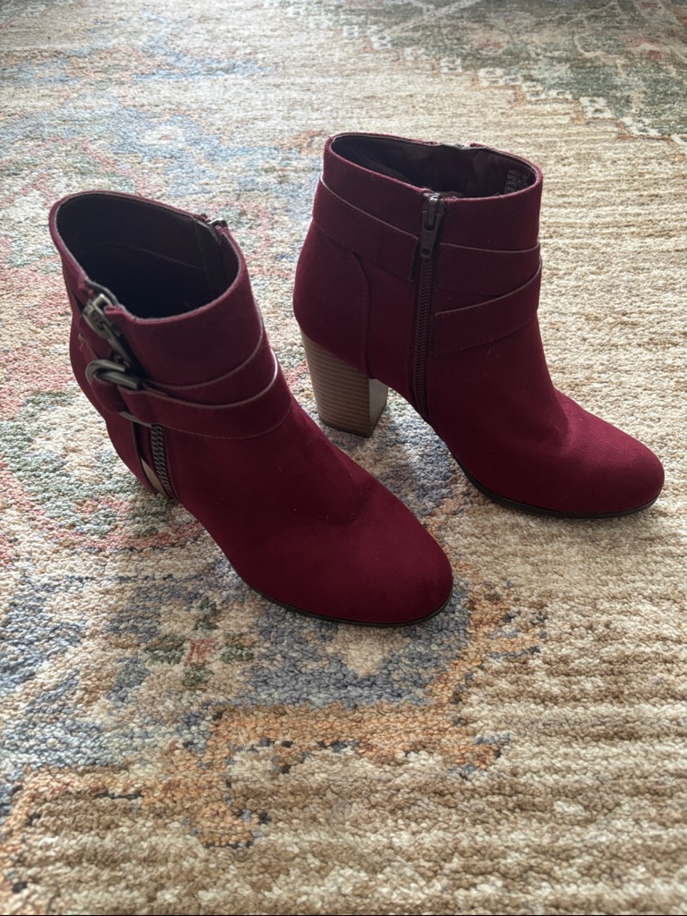 Kohl's Burgundy Suede Ankle Booties with Stacked Heel